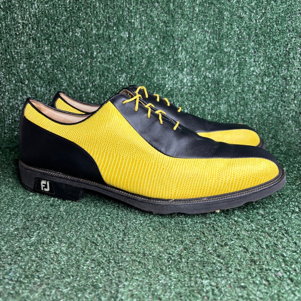 FootJoy Icon Lizard Texture Spiked Leather Golf Shoes Black Yellow‎ Mens 12 Wide
